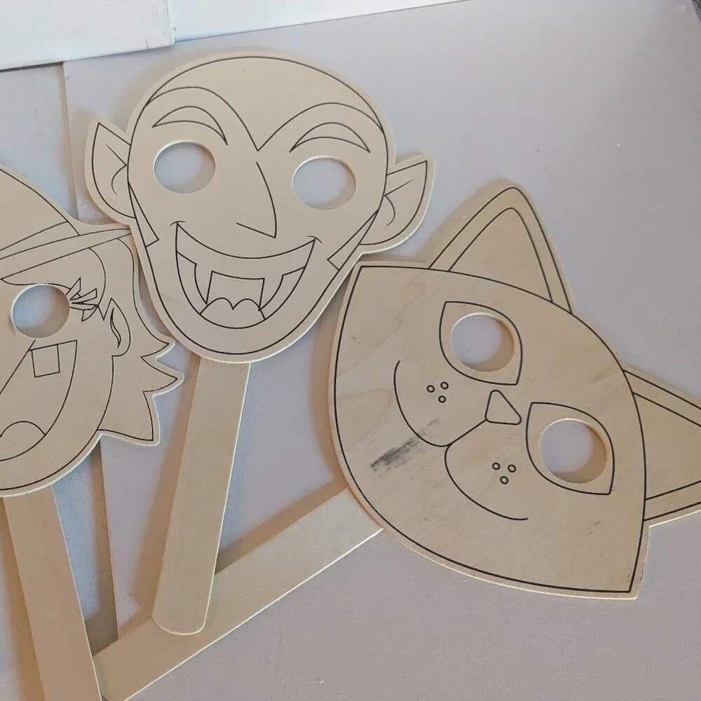 NWT Halloween 3 Wood Masks DIY Crafts Creatology Cat Witch Dracula Trick Treat